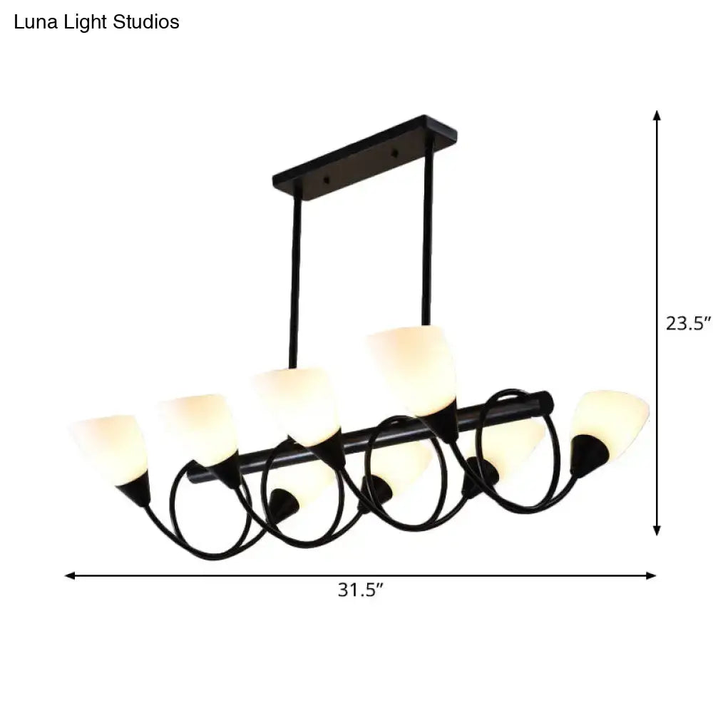 Modern black metal kitchen pendant light fixture with six frosted glass shades and curved arms for dining areas