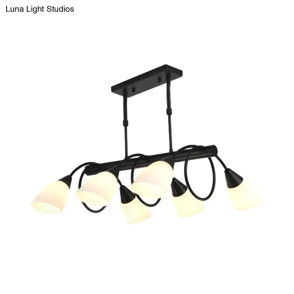 Modern black metal chandelier light fixture with six frosted glass shades and curved arms kitchen pendant light