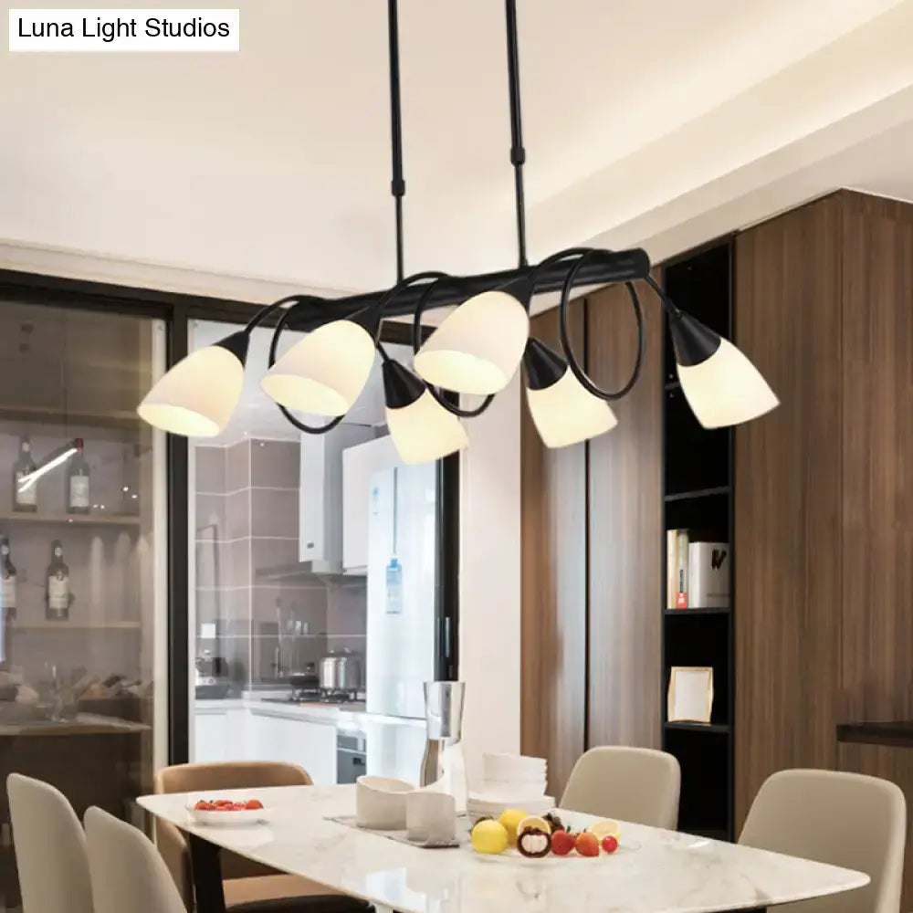 Modern black metal chandelier light fixture with six off-white glass shades ideal for kitchen pendant light use