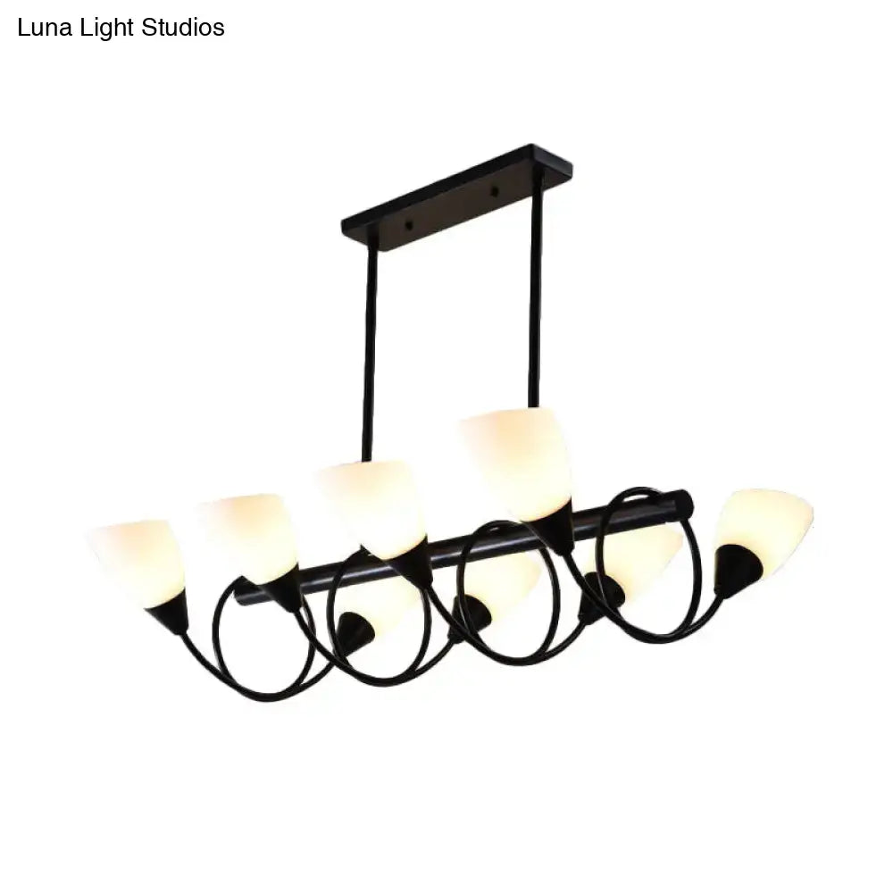 Modern black metal kitchen pendant light fixture with six frosted glass shades and curved circular arms