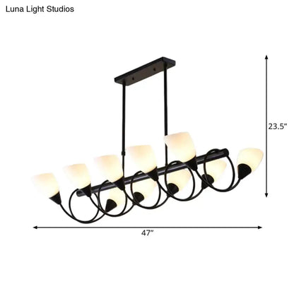 Modern black metal kitchen pendant light fixture with eight frosted glass shades in a curved design