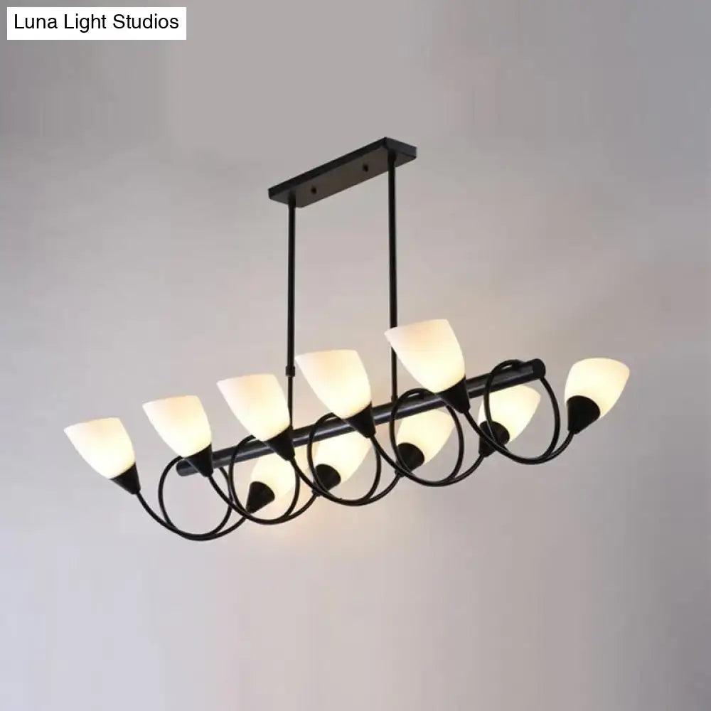 Modern black metal light fixture with eight frosted glass shades in a curved design for kitchen pendant lighting