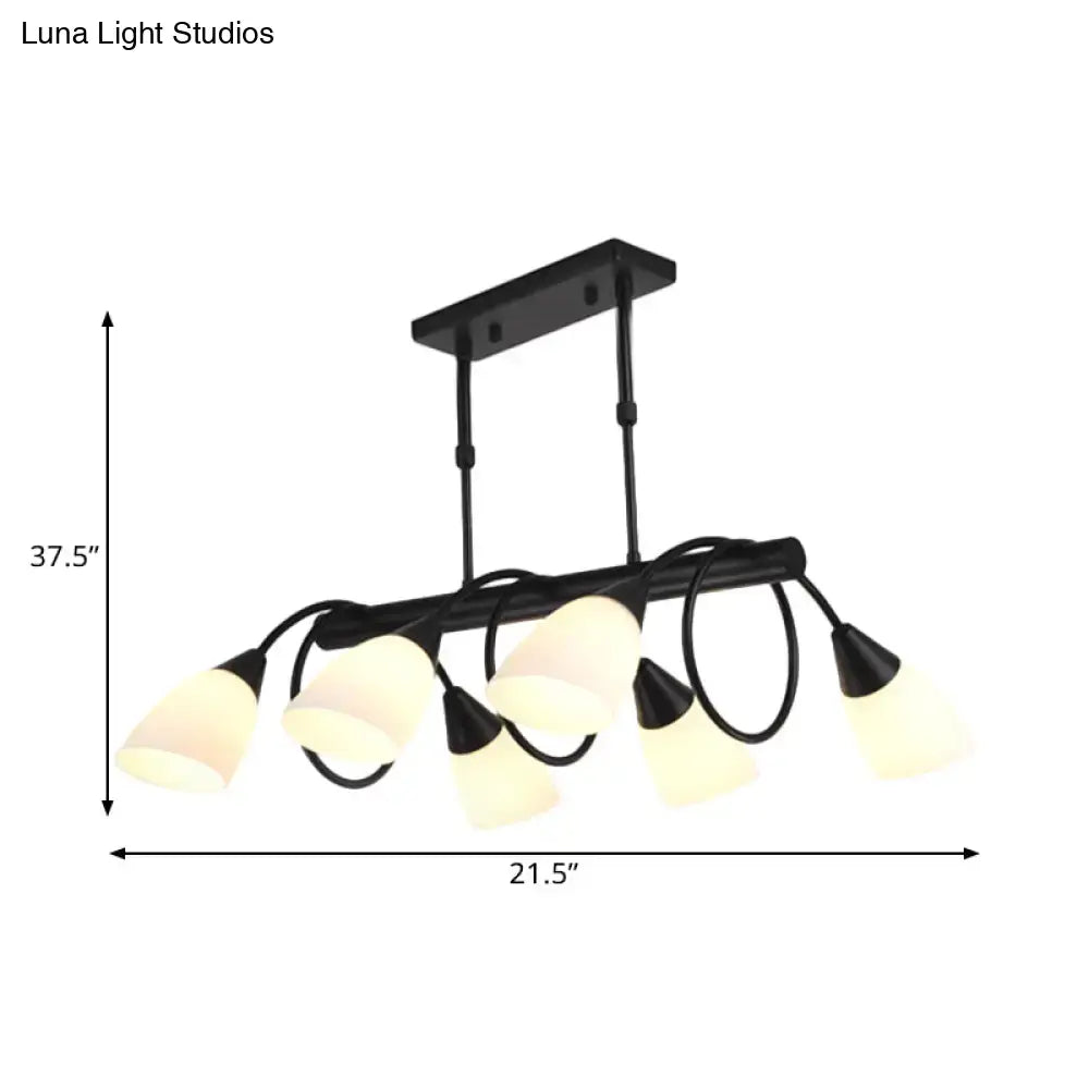 Modern black metal light fixture with six frosted glass shades designed as a kitchen pendant light