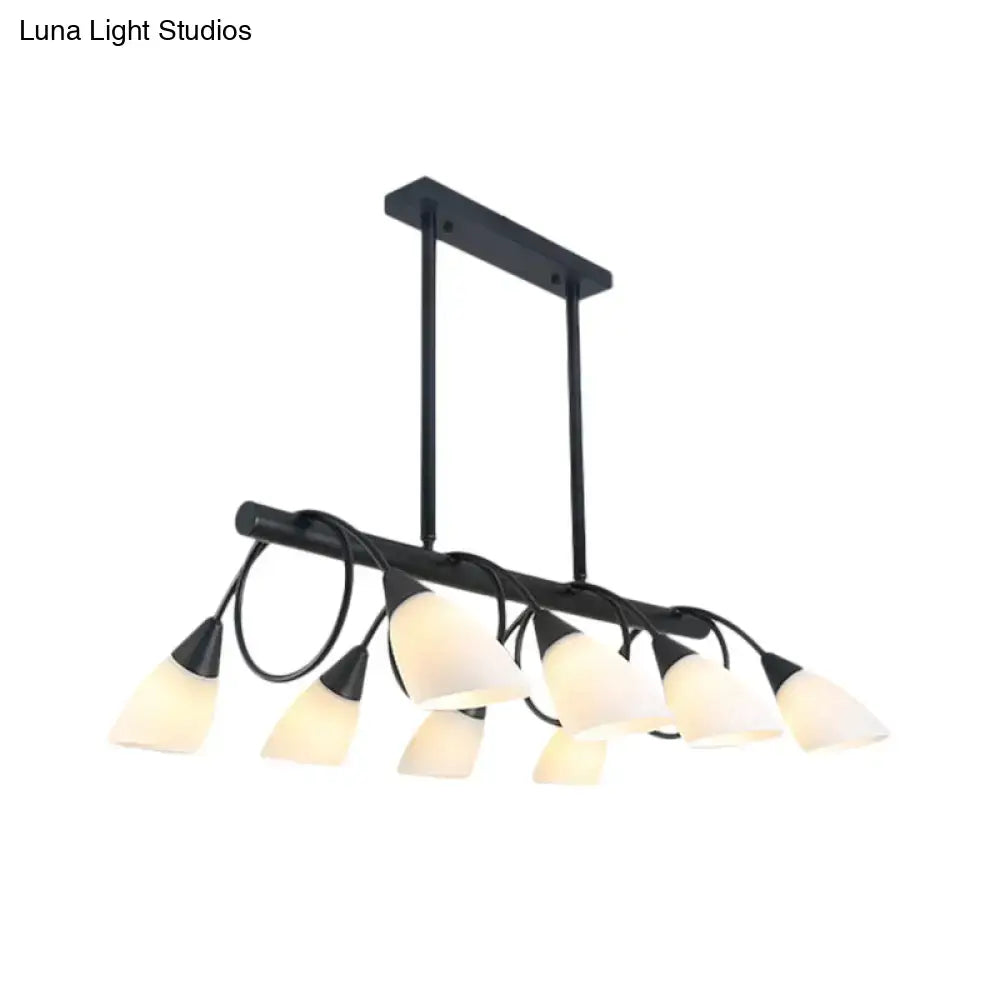 Modern black metal chandelier light fixture with eight frosted glass shades for kitchen pendant light use