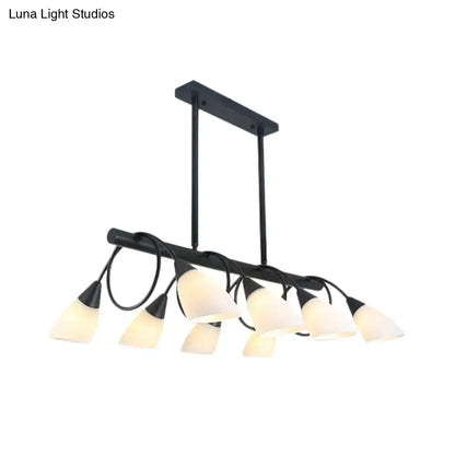 Modern black metal chandelier light fixture with eight frosted glass shades for kitchen pendant light use