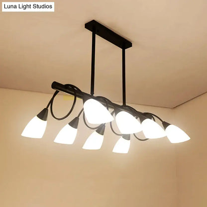 Modern black metal kitchen pendant light fixture with six frosted white glass shades for kitchen lighting