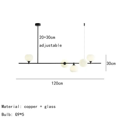 Modern black copper pendant lamp with five white glass globe bulbs for dining room lighting