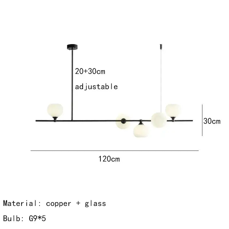 Modern black copper pendant lamp with five white glass globe bulbs for dining room lighting