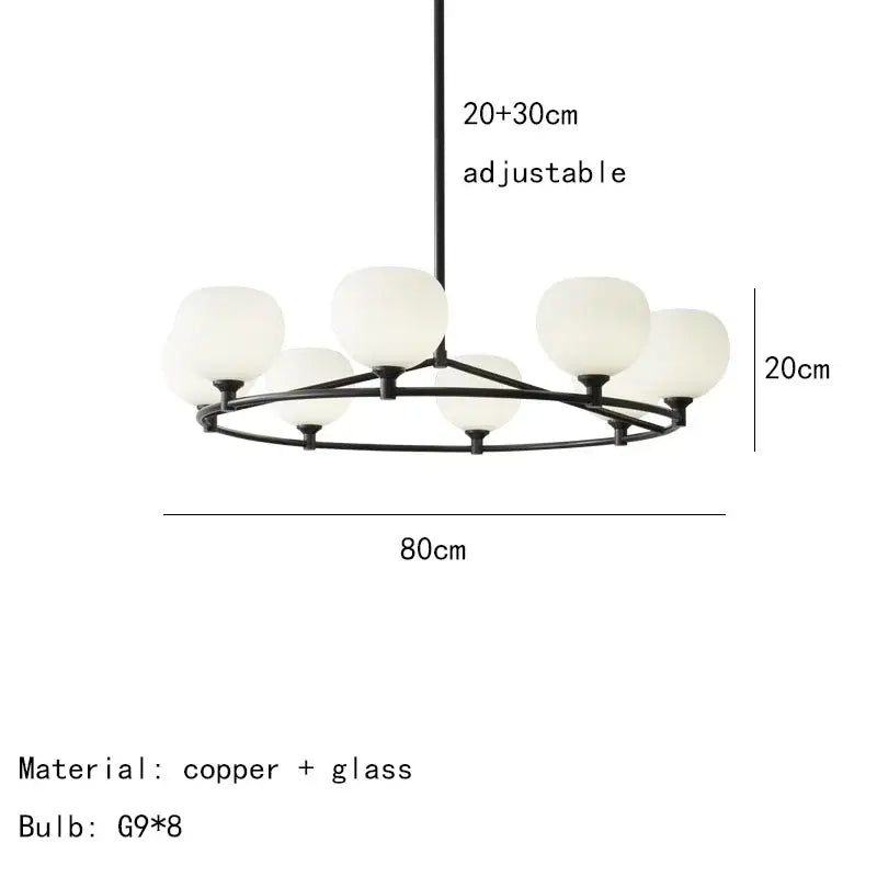 Modern black copper pendant lamp with eight frosted white glass globe shades for dining room lighting