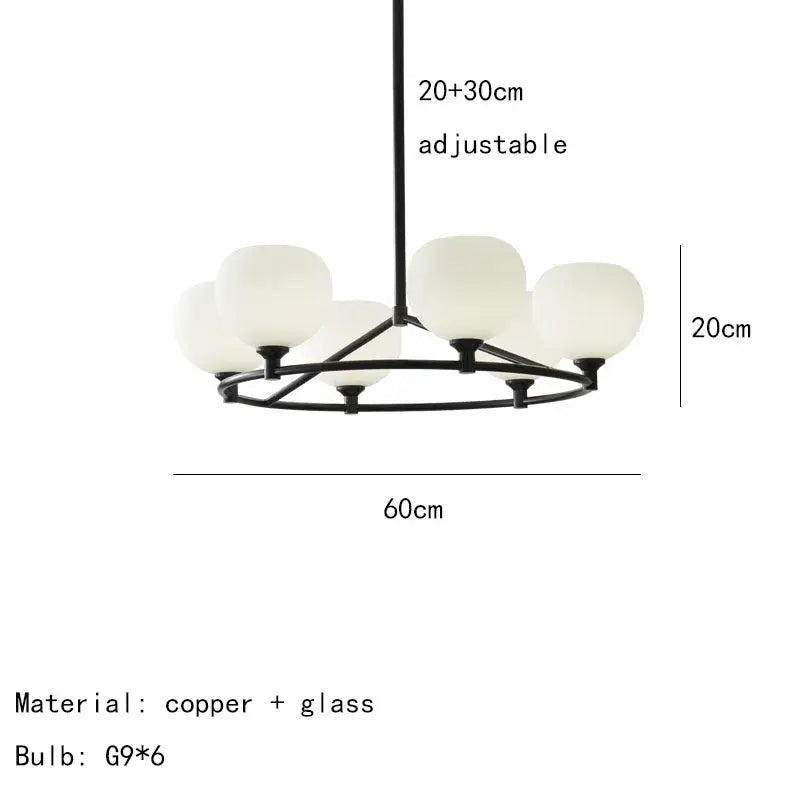 Modern black and white glass pendant lamp with six frosted white glass globe shades for dining room lighting