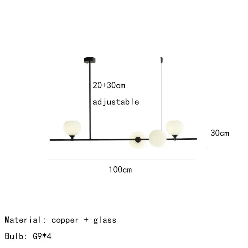 Modern pendant lamp with black copper frame and white glass pendant globes for dining room lighting