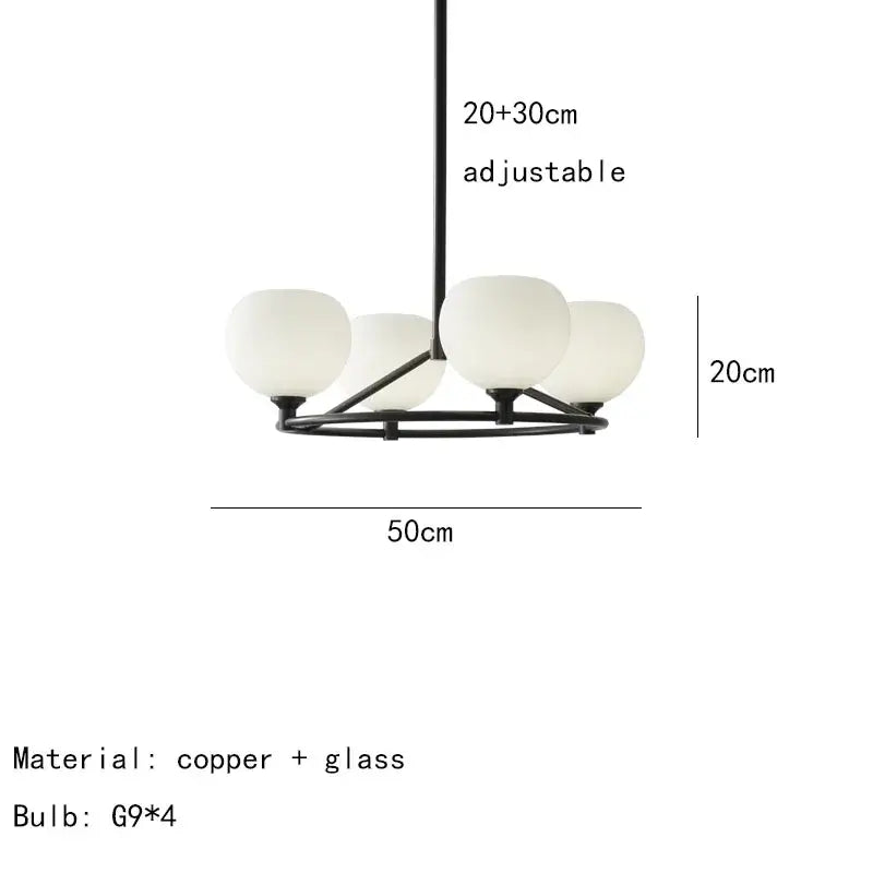 Modern black copper and glass pendant lamp with four frosted white glass pendant shades for dining room lighting
