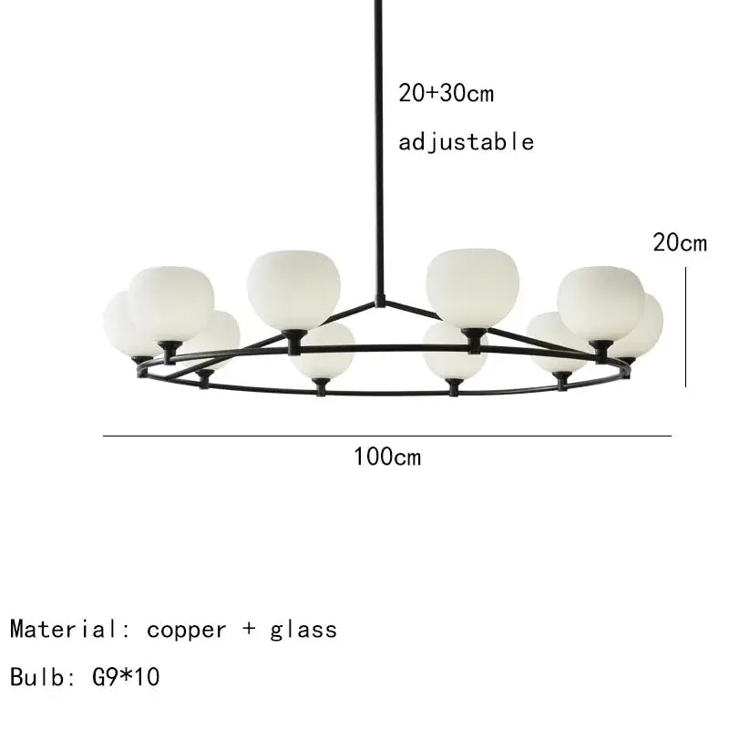 Modern black copper and white glass pendant lamp with ten frosted white glass globe shades for dining room lighting