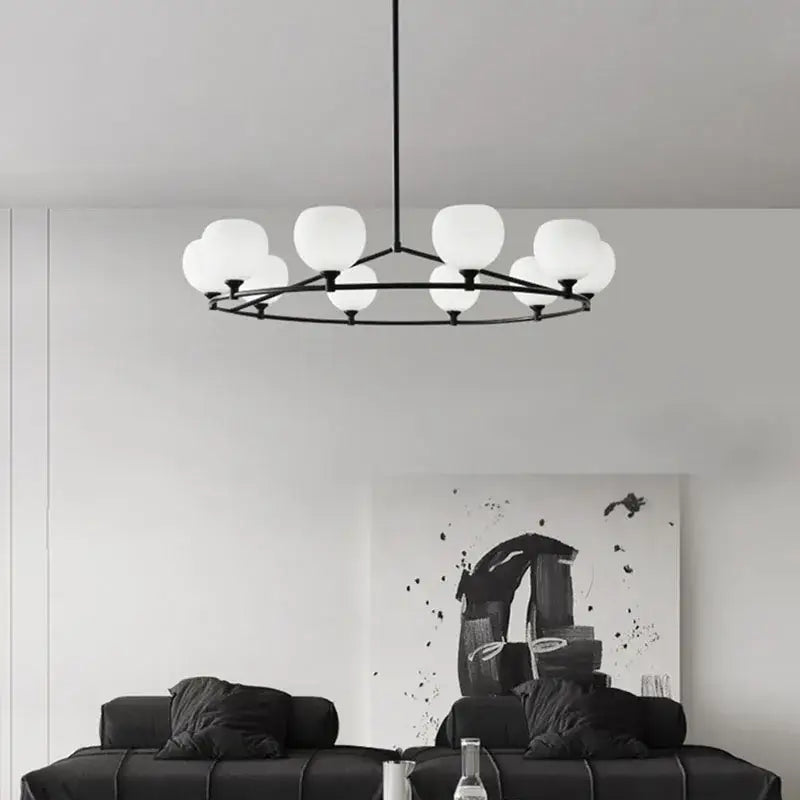 Modern black metal pendant lamp with frosted white glass globe shades for dining room lighting fixture
