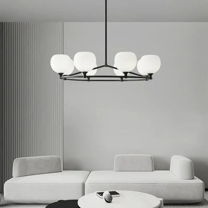 Modern black pendant lamp with five frosted white glass pendant shades for dining room lighting
