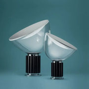 Two modern table lamps with black ribbed bases and translucent white glass radar shade led for bedroom desk use
