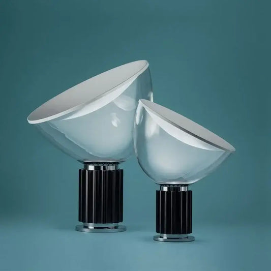 Two modern table lamps with black ribbed bases and translucent white glass radar shade led for bedroom desk use