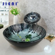 Modern black and white marble glass basin tap set with waterfall faucet featuring intricate marbled pattern design