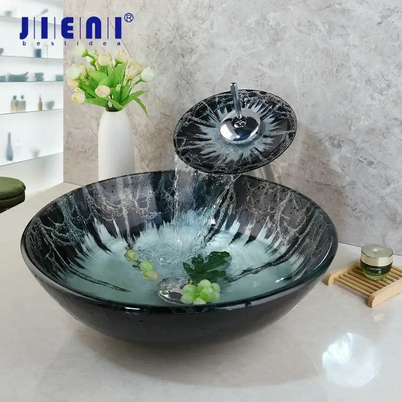 Modern black and white marble glass basin tap set with waterfall faucet featuring intricate marbled pattern design