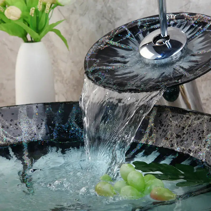 Modern black and white marble glass basin tap set with black glass waterfall sink and chrome tap set with glittery finish
