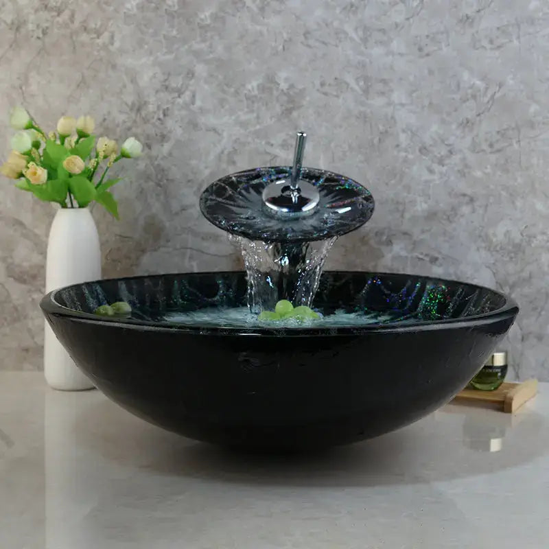 Modern black and white marble glass basin tap set with black glass bowl sink and iridescent interior waterfall faucet