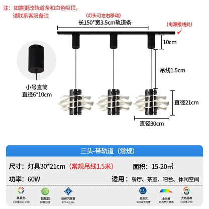 Black three-head track lighting fixture with curved white diffusers for modern decorbites designer restaurant pendant use