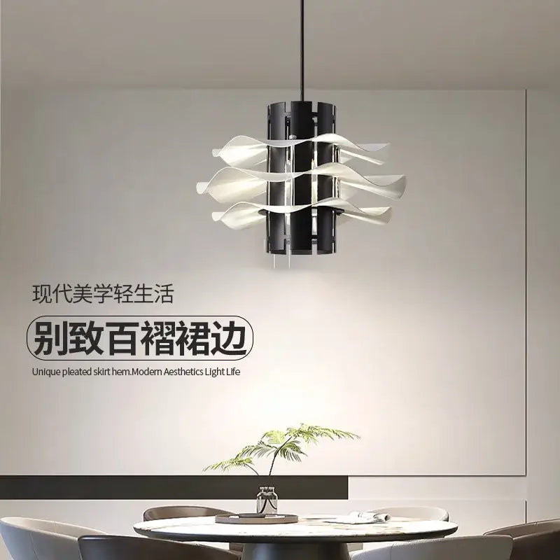 Modern black and white pleated skirt-hem pendant lamp with sleek layered design for decorbites designer restaurant decor