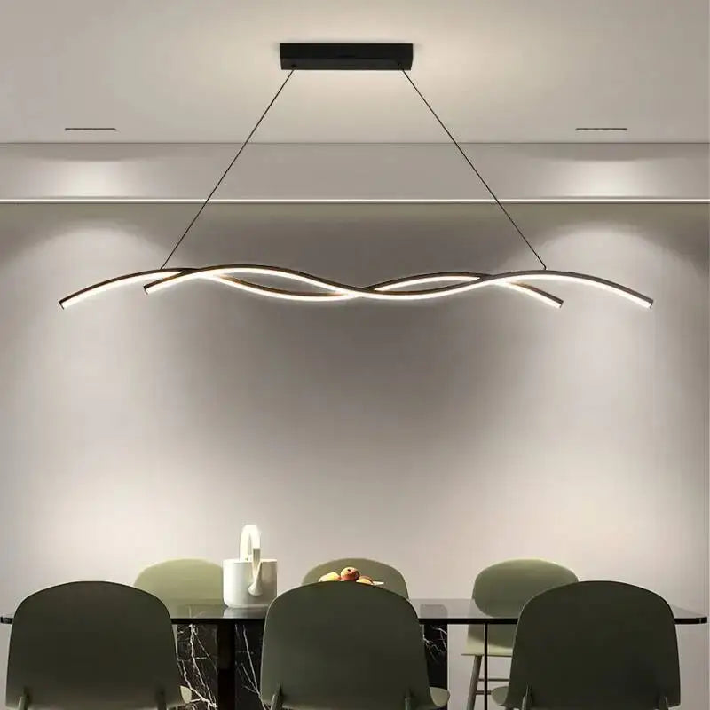 Modern black and white rectangular led pendant light with sleek wave design and warm white lighting for dining room