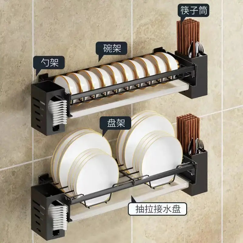 Modern black metal two tier dish drainer rack with white and gold rim plates and integrated chopstick holders for kitchen storage