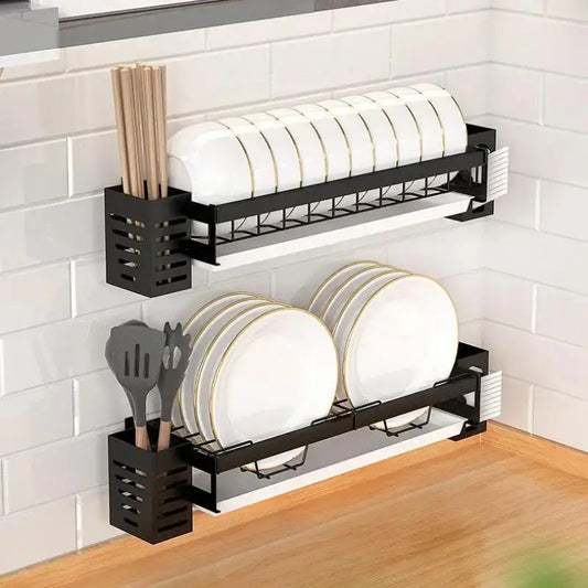 Modern black metal wall-mounted two tier dish drainer rack with white plates and side compartments for utensils