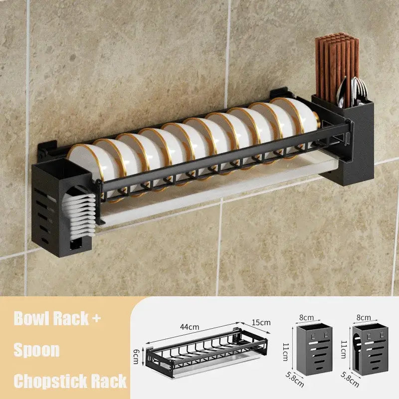 Modern black metal dish drainer rack with two tiers and integrated spoon and chopstick holders for plate storage