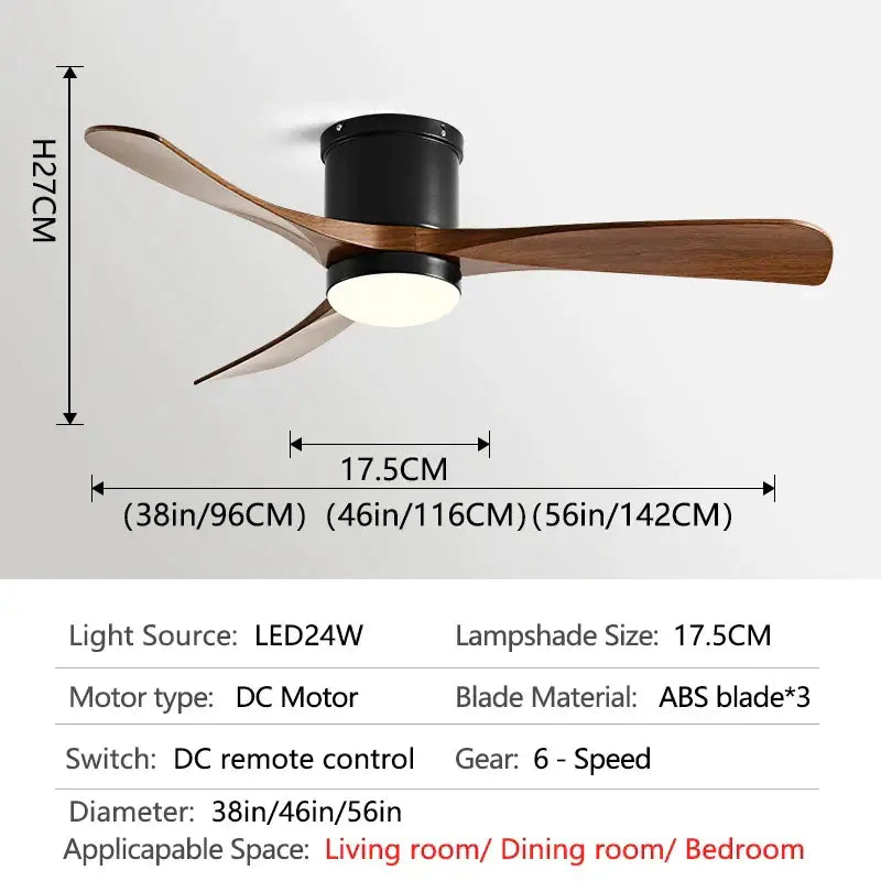 Modern black and wood finish decorbites 46in led ceiling fan with three abs blades for bedroom decor