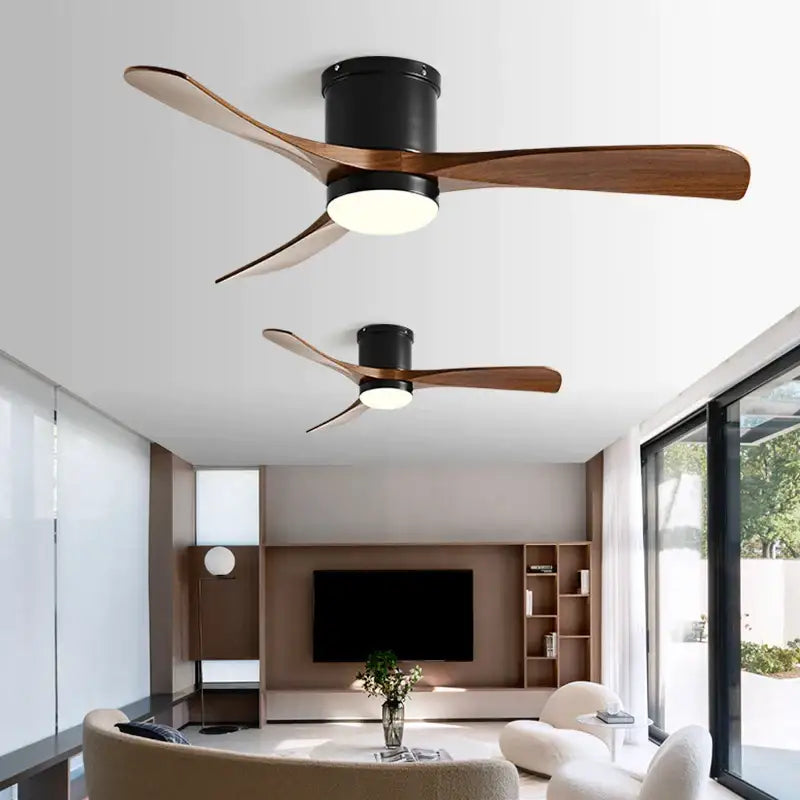 Modern black and wood 46in led ceiling fan with sleek motor housing and warm wooden blades for bedroom decorbites 46in led