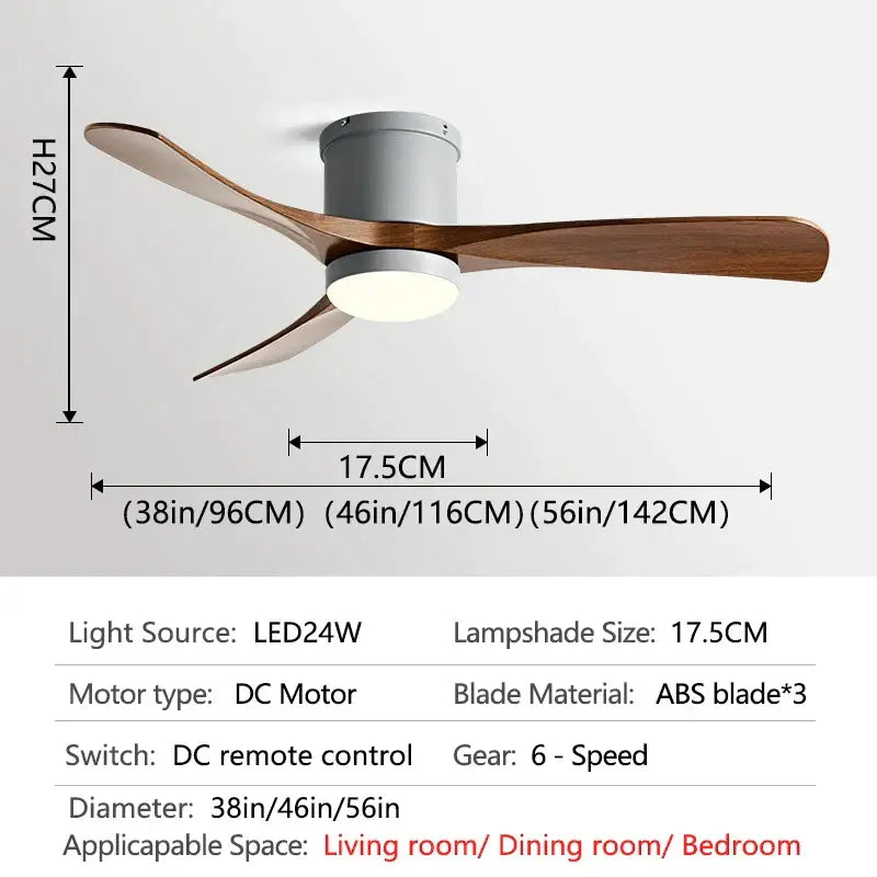 Modern black and wood 46in led ceiling fan with three dark brown wooden blades and integrated led light for bedrooms