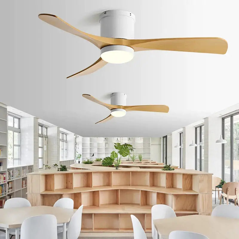 Modern black and wood decorbites 46in led ceiling fan with three light wooden blades and white central housing for bedrooms