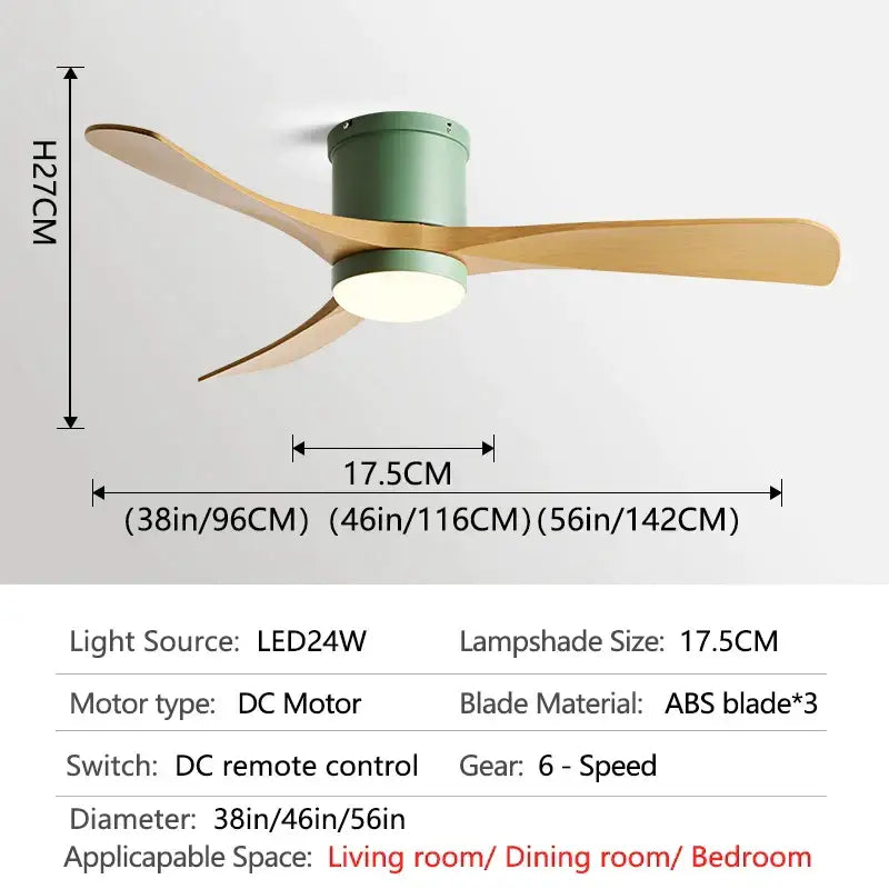 Modern black and wood decorbites 46in led ceiling fan with three light wooden blades and mint green housing for bedrooms