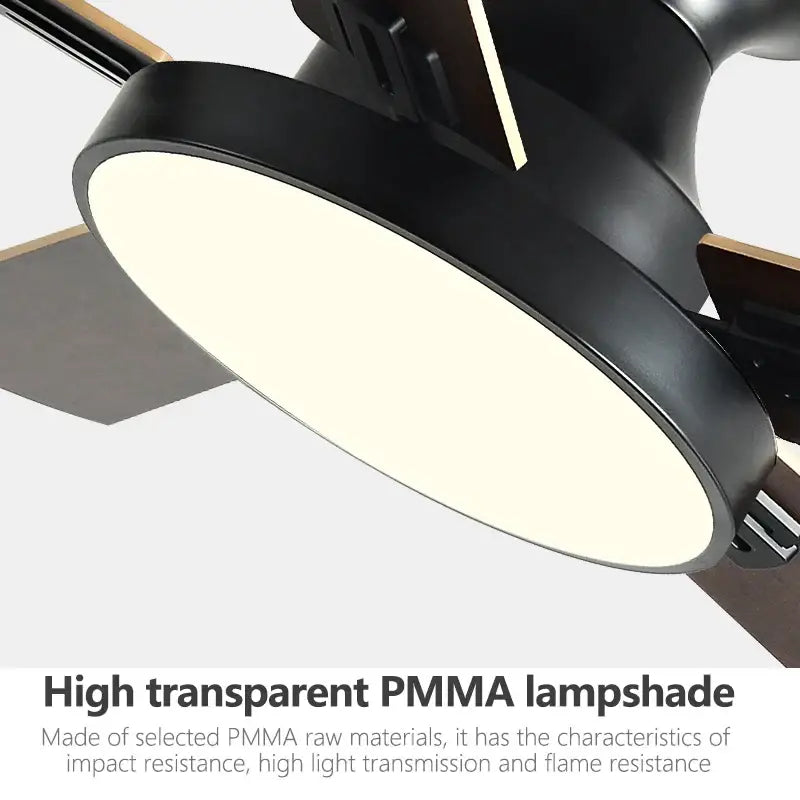Modern black and wood ceiling fan light with black pmma lampshade featuring sleek edges and soft white light emission