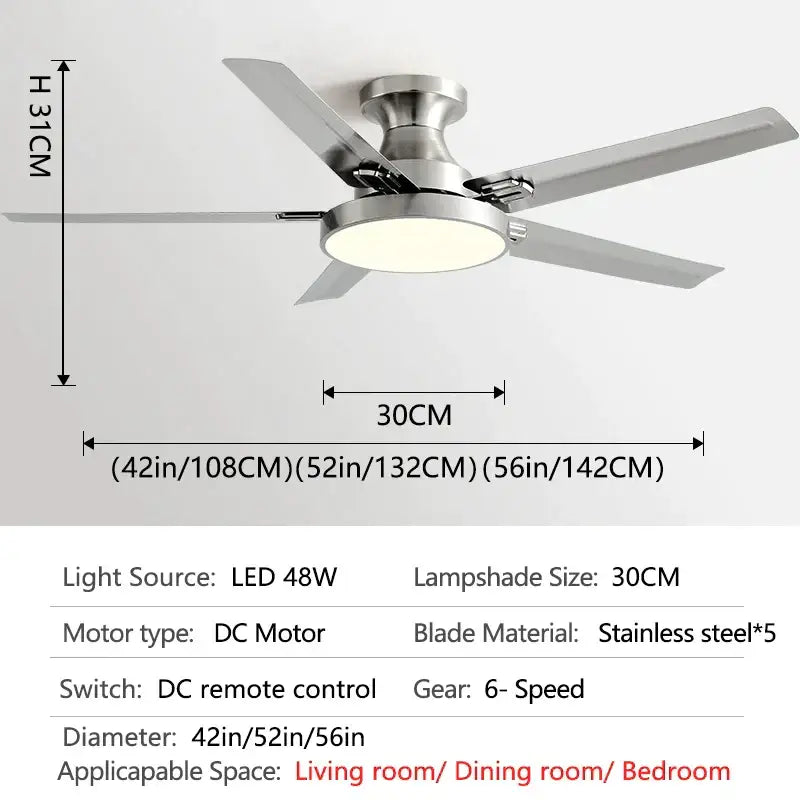 Modern black and wood ceiling fan light with five stainless steel blades and integrated led fan light for living room