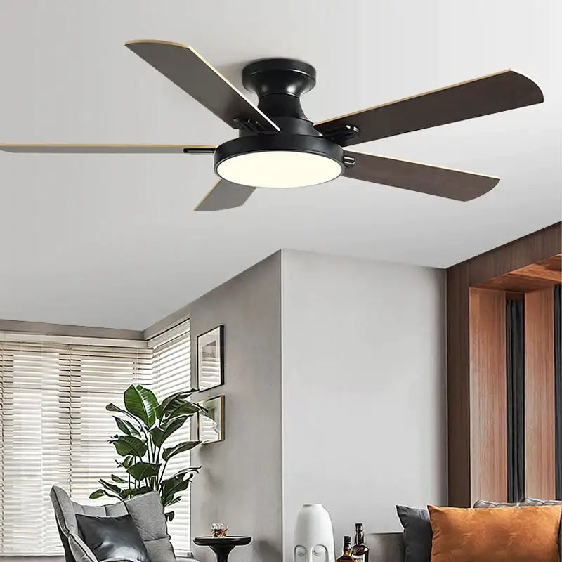 Modern black ceiling fan light with five dark wood blades and circular fixture for living room chandelier fan light