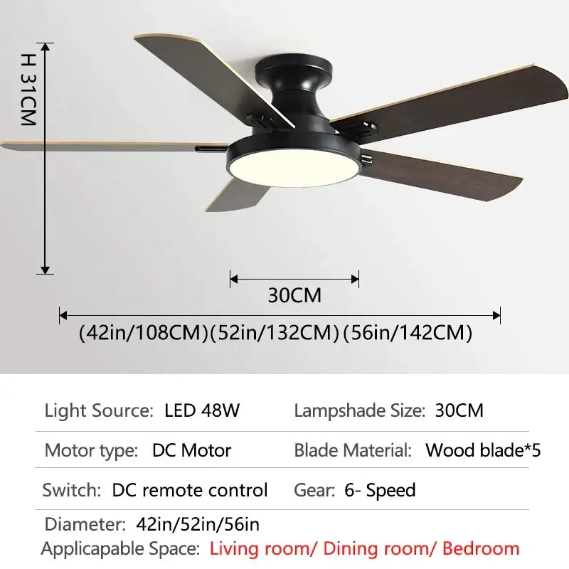 Modern black ceiling fan light with five dark wood blades and circular LED fixture for living room chandelier use