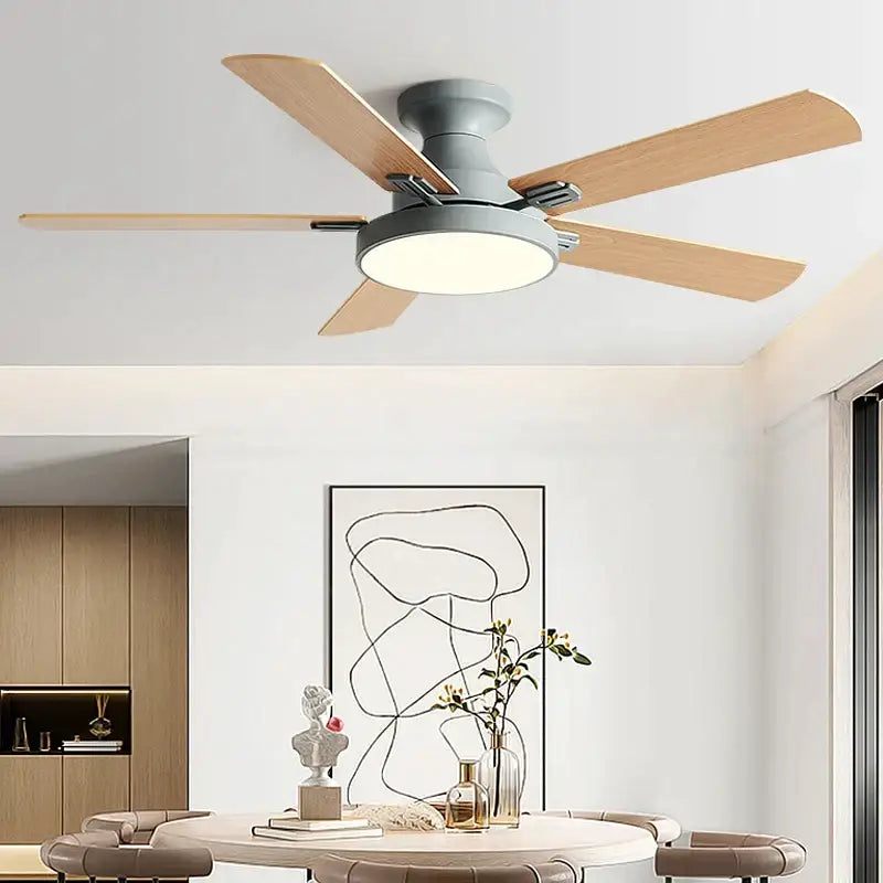 Modern black and wood ceiling fan light with five light wood blades and integrated circular led fan light for living room