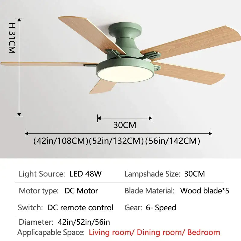 Modern ceiling fan light with matte sage green motor housing and wooden blades featuring integrated led lamp shade