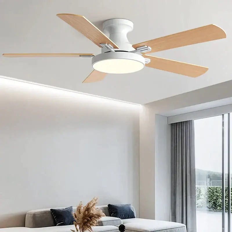 Modern black and wood ceiling fan light with four natural wood blades and white fan light for living room use