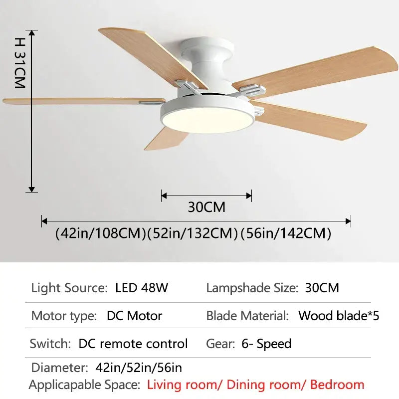Modern black and wood ceiling fan light with five light wood blades and a circular led fan light for living room