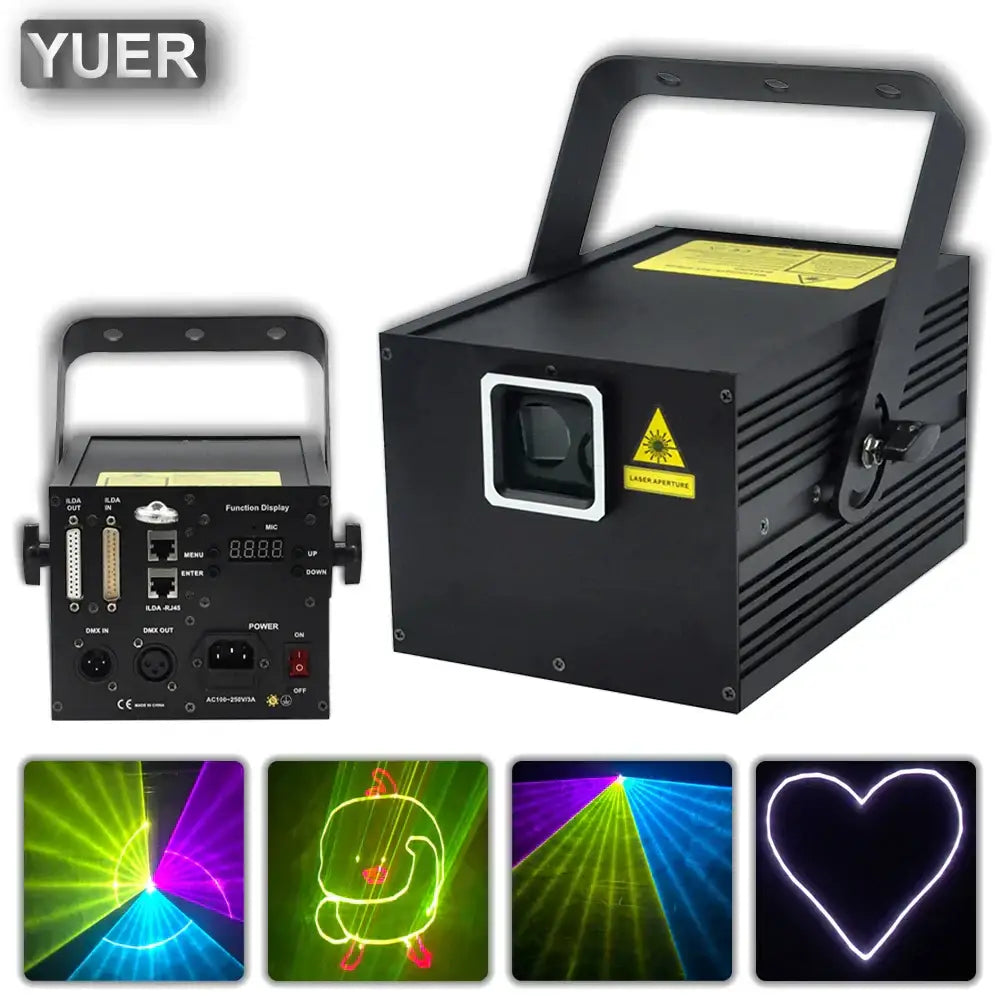 Black animation laser light projector with handle ventilation slits and warning label for party and living room use