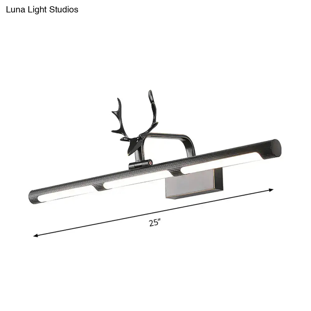Modern black antler accent led wall lamp with a sleek black finish and textured metal deer-head vanity light design