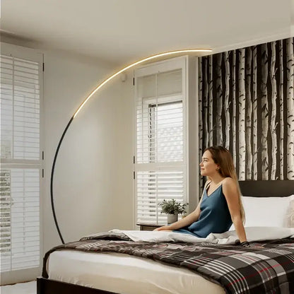A sleek modern black arc rgb led floor lamp with curved design and warm lighting for living room decorbites decor