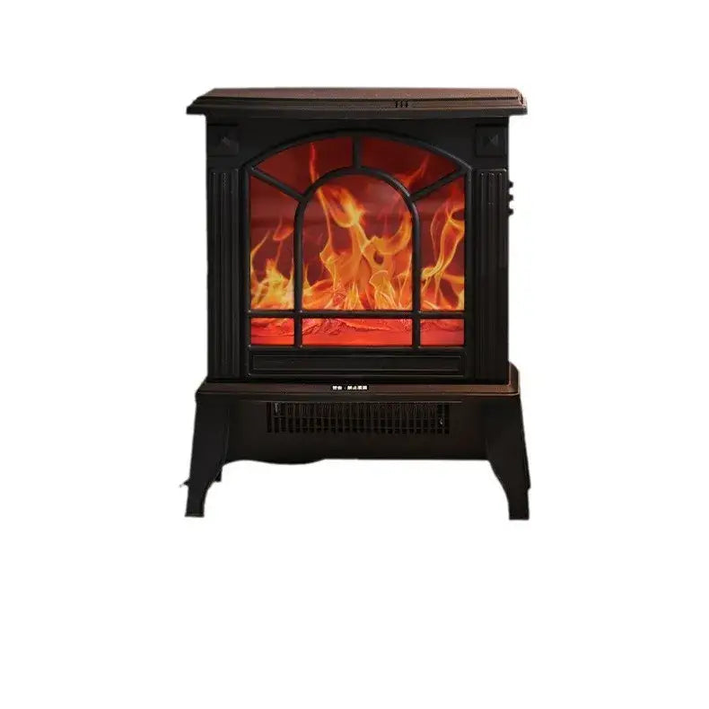 Modern black arched electric fireplace heater with realistic orange and red flame display for living room use