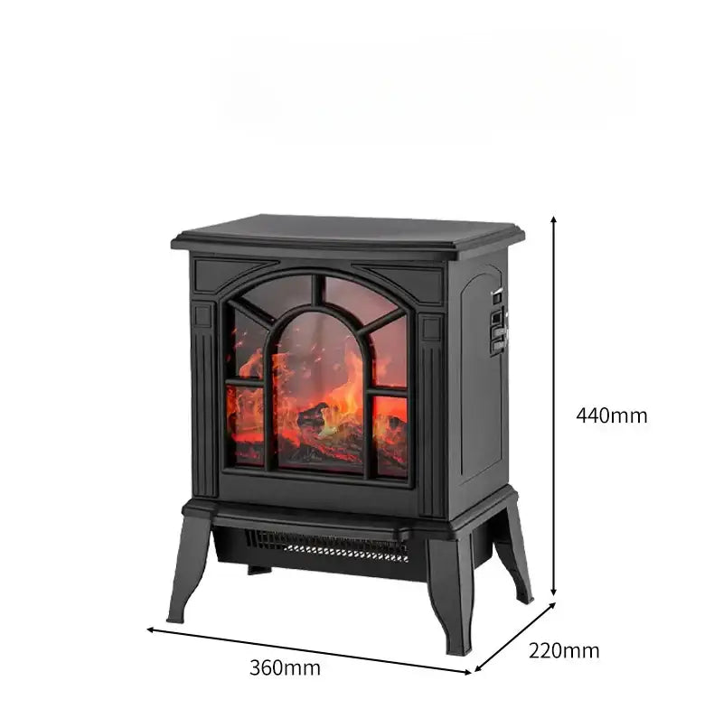 Modern black arched electric fireplace heater with classic cast-iron design and faux flames for living room heating