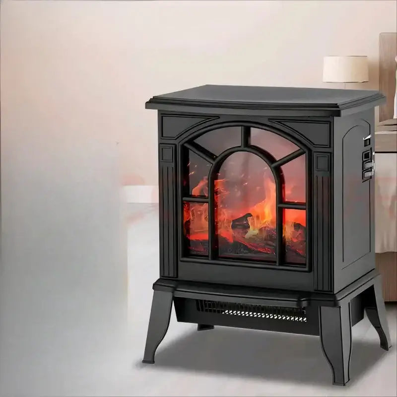 Modern black arched electric fireplace heater with glass panel and realistic flame effect for living room use